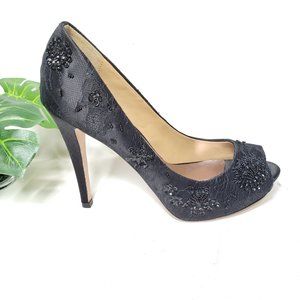 Badgley Mischka black beaded “Stella” platform pumps, sz 8